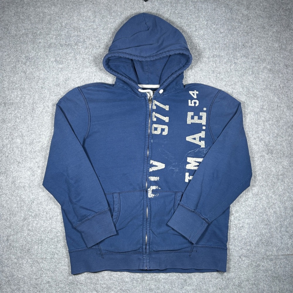 American Eagle Hoodie Mens XXL Blue Vintage Fit Graphic Zip Up Sweatshirt‎ Y2K